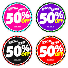 Set Sale 50% off banners, discount tags design template, special offer, end of season deal, app icons, vector illustration