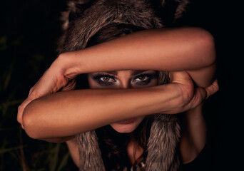 portrait girl werewolf. background forest. cosplay