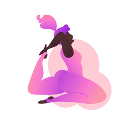 Obraz na płótnie Canvas Plus size black curvy lady doing yoga class. Vector illustration isolated on white. Online home workout concept. Body positive. Attractive African American woman. Kapotasana or Pigeon Po