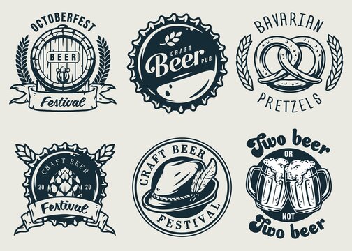 Set of emblems with beer barrel, hop and mug