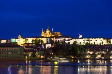 Fototapeta premium Watercolor drawing of View of Prague old town, historical center with Prague Castle, St. Vitus Cathedral, Charles Bridge Karluv Most, Vltava river, night twilight evening, Bohemia, Czech Republic