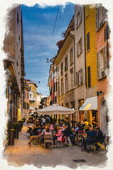 Obraz premium Watercolor drawing of Brescia, Italy: Typical italian narrow street with traditional old buildings and street restaurant with people having dinner, historical centre, evening twilight view, Lombardy