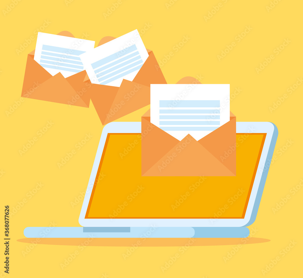 Poster laptop computer with envelopes mail on yellow background vector illustration design