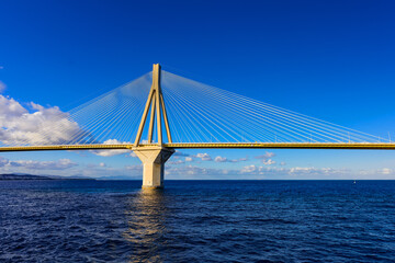 The Rion-Antirion Bridge connects the Peloponnese Peninsula with mainland Greece, this Cable-stayed road bridge with pedestrian sidewalks over the Gulf of Corinth, Greece
