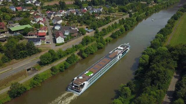 Excursion ship on the Saar River at Serrig, Rhineland-Palatinate, Germany