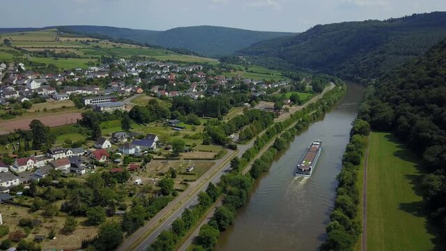 Excursion ship on the Saar River at Serrig, Rhineland-Palatinate, Germany