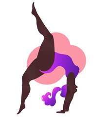 Plus size black curvy lady doing yoga class. Vector illustration isolated on white. Online home workout. Body positive. Attractive African American woman. Urdhva Dhanurasana, Upward Bow or Wheel Pose.