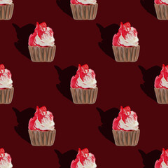 Seamless pattern cupcakes silhouettes, muffin sweet white cake and red on top painted with gouache on burgundy. Texture with sweets for desktop wallpaper or culinary blog website. junk food concept