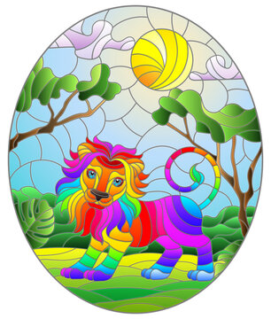 Illustration in stained glass style with cute rainbow lion on the background of green trees of cloudy sky and sun, oval image