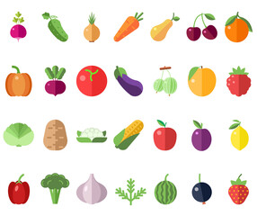 Icons of vegetables, fruits and berries in flat design. Organic food on an isolated white background