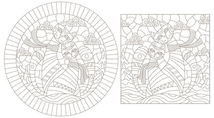 Set of contour illustrations of stained glass Windows with a pair of cats against a winter landscape, dark outlines on a white background