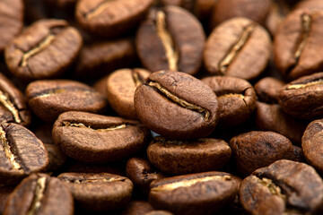 Coffee beans close-up background. Fresh roasted