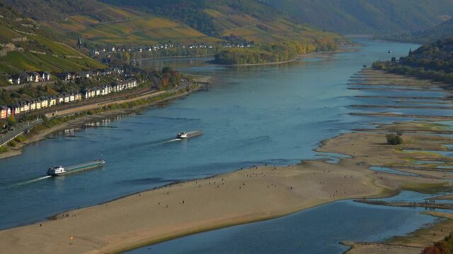 Rhine River at low water near Bacharach, Rhineland-Palatinate, Germany