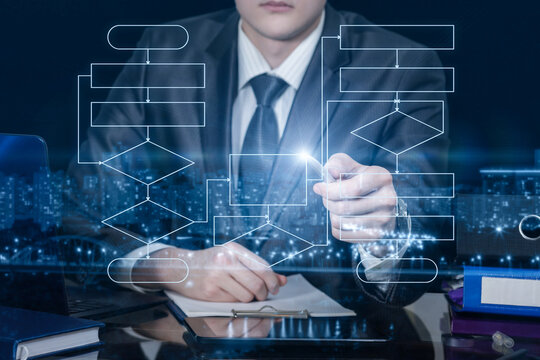 Businessman shows a structured flowchart on a virtual screen.