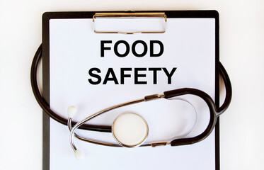 Inscription Food safety, concept of medicine and healthy eating.