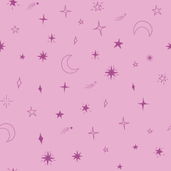 Celestial seamless pattern with stars and moon on pink background. Texture for fabric, wrapping, textile, wallpaper, apparel. 