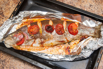 baked trout fish with tomatoes