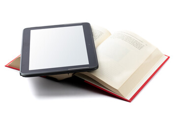 old and new way to read - an e-book reader app on a tablet with an open traditional hard cover books isolated on white