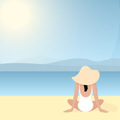 A young white girl in a white swimming suit and a large straw hat is sitting on the beach and looking out at the sea. Vector stock flat illustration with empty space for your text.