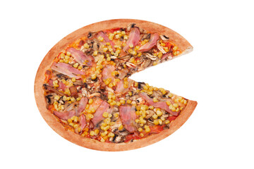 Italian pizza with chicken breast, corn, bacon and mushrooms, without one slice, isolated on white background, angle view