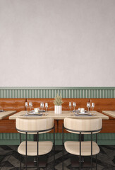 Restaurant interior with sofa,chairs tables and white wall background.3d rendering