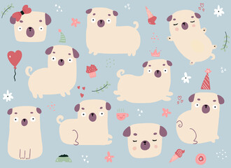 Drawn by hand vector set of cartoon pugs on grey background. Vector illustration of different doodle colorful elements and doggies. Childish design.