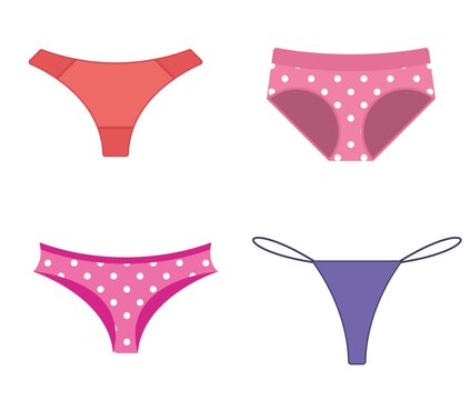 Vector panties. Set of four types of women underwear with polka dot and fill color. Vector illustration.