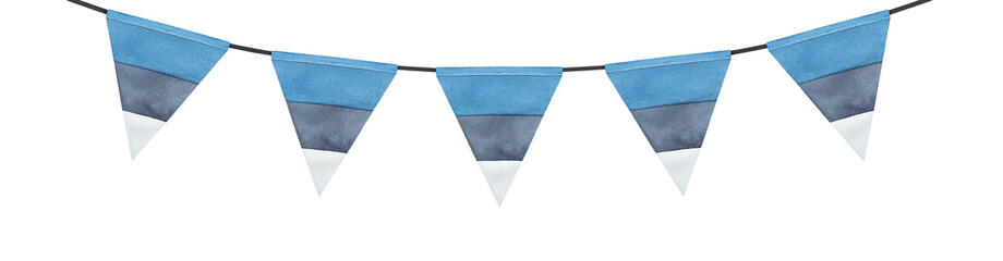 Watercolour illustration of festive bunting with tricolor flag of Estonia. Blue, black and white horizontal bands. Hand painted water color drawing, cut out clip art detail for design, print, card.