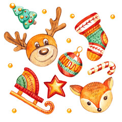 New year, deer, sled, sock, star, Christmas tree, Christmas ball, watercolor on white background, isolated