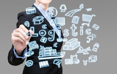 Smart Business woman is writing logistic idea concept present by icon symbol elements.Elegant Design for smart business container cargo shipping,Logistic,Import  and Export business concept