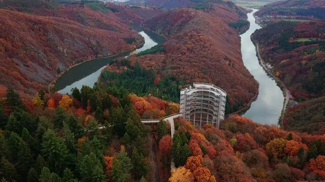 Treetop Walk, Saarschleife at Cloef Viewpoint in Orscholz and Saar River Bend, Mettlach, Saarland, Germany