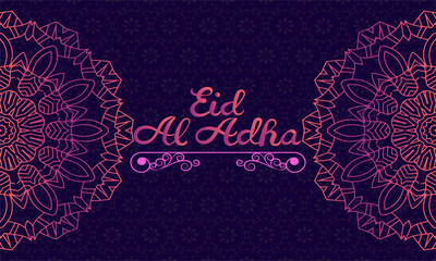 Eid Al Adha Mubarak greeting banner for arabic holiday. Holy month of muslim community. Feast of the Sacrifice template. Islam calligraphy invitation. Shining lights, clouds. Vector stock illustration