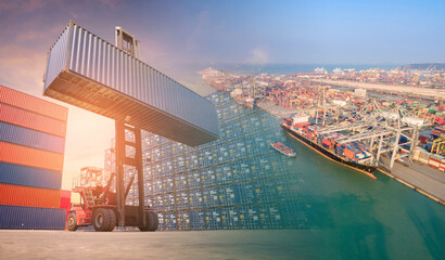 Double exposure forklift truck and container shipping boat at shipping yard.