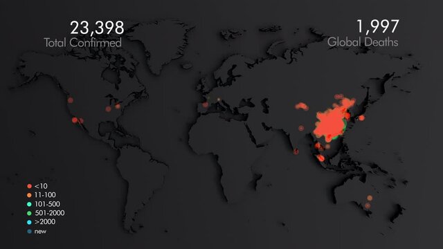 Coronavirus Global pandemic. Animation of Map of coronavirus spreading from Wuhan. World map with animation of spread of infection of a virus.