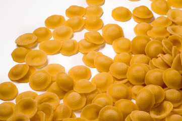 orecchiette di bari Italian dry raw pasta  bronze drawn white background  top view