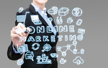 Young Smart business woman writing online marketing idea concept present by icon symbol element. Elegant Design for smart business,business planing and business idea concept