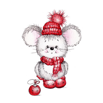 Gray mouse, in a red cap, scarf and boots painted in watercolor on a white background, isolated
