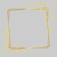 Vector graphics,delicate square shiny golden frame with glowing ornaments on a gray background.Design decoration,graphic element for greeting cards,invitation,poster,photo.