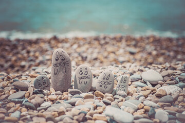 Pebbles with drawn faces in the sand. Father, mother, daughter and son. Family of cats vocation concept