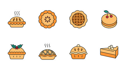 Multicolor vector pie, cake icons. Apple strawberry dessert with pumpkin jam cheesecake. Editable stroke. Christmas with mistletoe, sweet with cherry