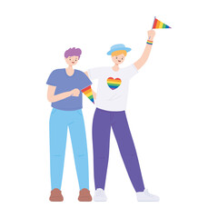 lgbtq community pride, young men with rainbow flag isolated icon design