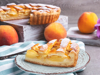 Rustic homemade peach pie, close up
