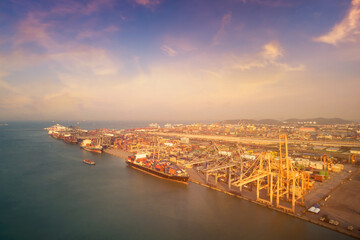 Large container shipping boat at shipping yard main transportation of cargo container shipping.