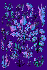 Fototapeta na wymiar Vintage fantastic colorful big set alien plants, bright neon purple pink blue color, isolated on violet background