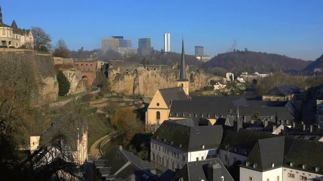 Bock Casemates with Alzette Valley and the Neumuenster Abbey, Luxembourg City, Grand Duchy of Luxembourg