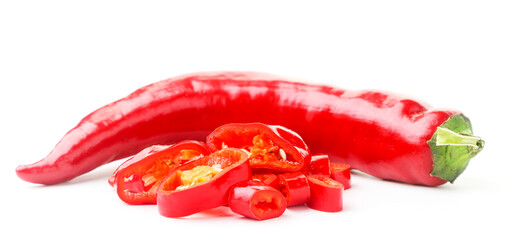 Red hot chili peppers, whole and sliced on a white background. Isolated