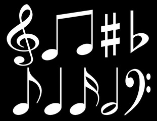 White musical notes on a black background. Basic music symbols. 
Creative illustration. Set of signs.