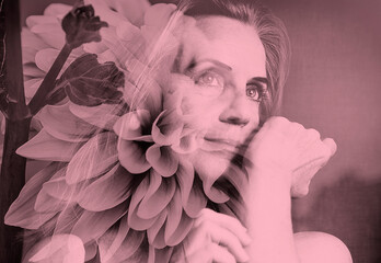 woman and nature fused on pink background
