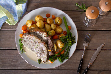 Beef steak fillets with creamy Gorgonzola cheese dressing. View from above, top studio shot
