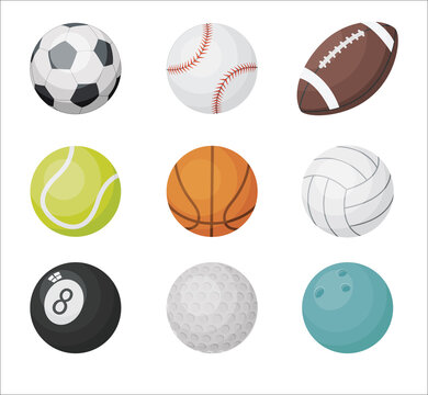 Cartoon balls vector set. Sport balls icons: volleyball, basketball, football, golf, american football, bowling isolated on white background.